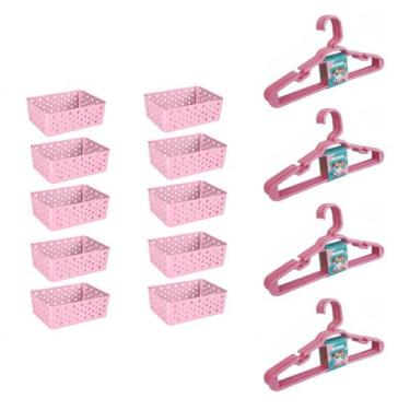 Imagem de Kit 10 Cestos Org Premium 20 Cabides Infantil Rosa - 123 Organizei