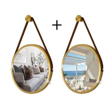 Imagem de Kit 2 Espelhos Redondo Decorativo Suspenso Alça 50cm + suporte Dourado