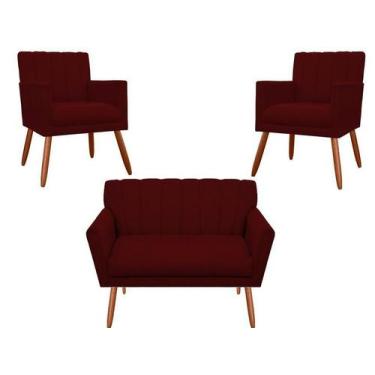 Imagem de Kit Namoradeira + 2 Poltronas Decorativa Cecília Suede Marsala Pés Mad