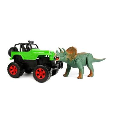 Imagem de Jipe / Jeep Verde com Dinossauro Triceratops - Dino Island - Silmar Pl