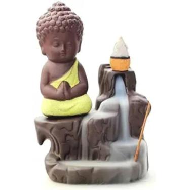 Imagem de Queimador de incenso feito à mão com cascata de cerâmica | com 8 cones de incenso | Suporte de estátua de Buda incenso zen queimador de refluxo decoração de casa (amarelo)