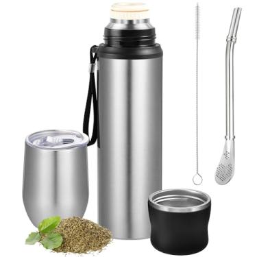 Imagem de Dandat Kit de 2 peças de copo de erva mate e garrafa a vácuo 350 ml conjunto de cabaça de erva mate e bomba para viagem, vire o copo de cabeça para baixo para despejar toda a água (cor aço)