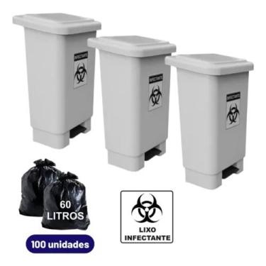 Imagem de Lixeira Hospital Branca Com Pedal 50l Com Saco De Lixo Kit 3 - OnixLim