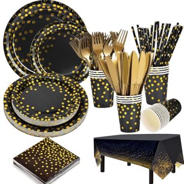 Imagem de Conjunto de 129 peças de utensílios de jantar preto e dourado - prato preto/dourado 18 cm/23 cm, pratos de papel preto, copos, garfos de plástico dourado para formatura, aniversário, Natal, Ano Novo,