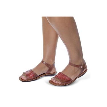 Imagem de Sandália Rasteira em Couro Conhaque Goiaba - Flor d'couro, 37