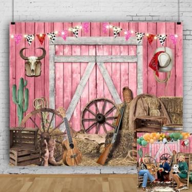 Imagem de Pano de fundo de vaqueira 3 x 2,4 m com tema de vaqueira ocidental, decorações de festa, rústica, fazenda, rosa, porta de celeiro para fundo de fotografia, West First Rodeo, Cowboy Cowgirl, artigos de