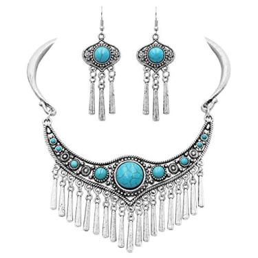 Imagem de Rosemarie & Jubalee Conjunto de brincos de colar de colar de pedra howlita natural com franjas de metal prateado estilo ocidental, 28 cm + 5 cm de extensão, Metal Pedra, howlita natural