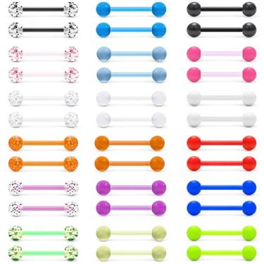 Imagem de Kadogohno Biopast Flexível Brilha no Escuro 14G 14/16 mm Bares Ponte de Mamilo Anéis de Língua Piercing Para Pezones La Lengua Mujer Conjunto de Joias Hipoalergênicas para Mulheres, 16g*14mm,