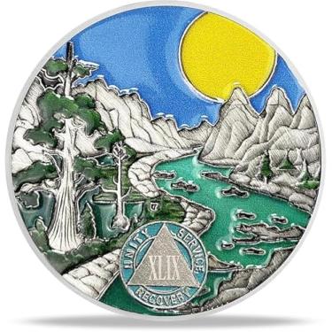 Imagem de Presentes de moeda de sobriedade de 49 anos | Moeda AA Rio e Floresta - Medalhão de Chip AA HA com Oração de Serenidade | Presentes de Narcóticos Alcoólicos Anônimos para Mês de Aniversário e Ano para