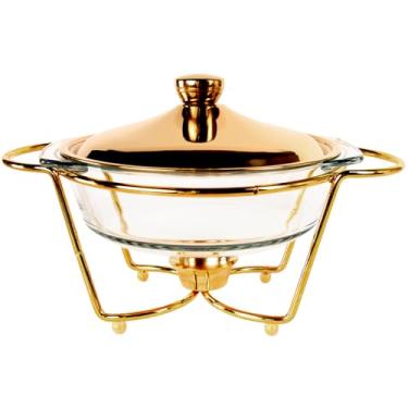 Imagem de jinsongdafa Caçarola de vidro de 23 cm com tampa de aço inoxidável e prateleira dourada, assadeira redonda de 1,5 litros para caçarola e lasanha, segura para micro-ondas, lava-louças, freezer, forno