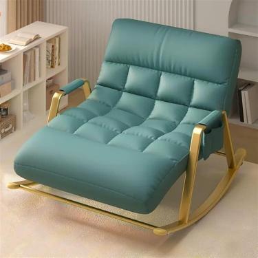 Imagem de Cadeira de balanço dupla com bolso lateral, capacidade de 250 kg, cadeira de balanço estofada para quarto e sala de estar, cadeira moderna, azul, moldura dourada