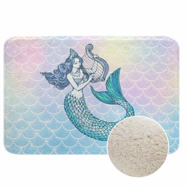 Imagem de Lungtao Tapete de banho sereia com harpa para banheiro escamas coloridas fantasia unicórnio rosa gradiente textura tapetes de banho tapete de porta antiderrapante com fundo de borracha tapete de