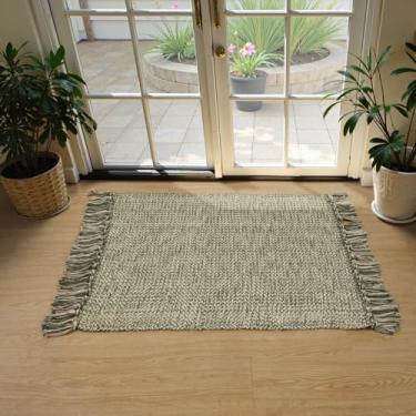 Imagem de Collive Tapete de entrada pequeno de 6 cm x 7 cm, tapete de cozinha lavável à mão com borlas, tapete de baixo perfil natural/verde para casa de fazenda, reversível, para quarto, banheiro, decoração de