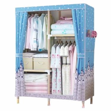 Imagem de Guarda-roupa Armário de guarda-roupa resistente dobrável grosso madeira maciça montado oxford pano único tecido dormitório aluguel pano guarda-roupa armário