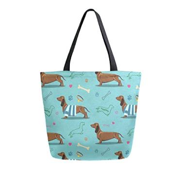 Imagem de ALAZA Bonito Dachshunds filhote de cachorro osso lona sacola grande feminina bolsa de ombro casual, compras mercearia bolsa de algodão reutilizável, multiuso, resistente para atividades ao ar livre escola viagens de fim de semana