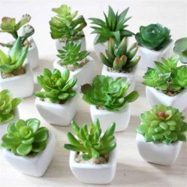 Imagem de Kit C/6 Suculentas Artificiais Mini Vaso Cerâmica Branco - Multshop