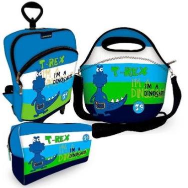 Imagem de Kit Escolar Premium com Mochila c/ Rodinhas + Lancheira + Necessaire Plus - ISOPRENE - T-Rex-Unissex