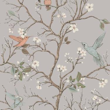 Imagem de VEELIKE Papel de parede vintage Chinoiserie Peel and Stick Grey Bird Wallpaper removível flores de cerejeira papel de parede floral para quarto banheiro 17,7" x 354'' papel de contato floral