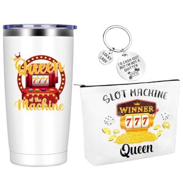 Imagem de Caneca temática de cassino para mulheres, presentes de jogo, caça-níqueis, bolsa de maquiagem e chaveiro, copo de aço inoxidável, caneca de viagem para Natal, aniversário, festa temática de cassino