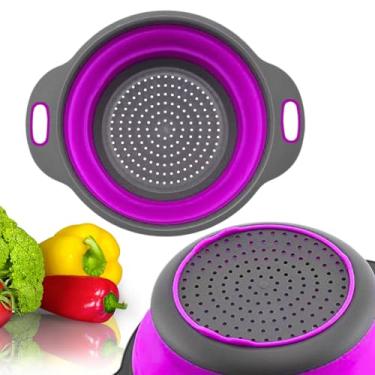 Imagem de Escorredor dobrável com alças de plástico coador de cozinha redondo de silicone dobrável perfeito para drenar macarrão, legumes e frutas, roxo
