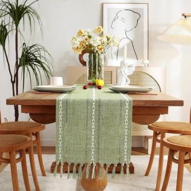 Imagem de Trilho de Mesa de Linho Rústico Wracra - Hemstitch 120x30cm - Verde Sá