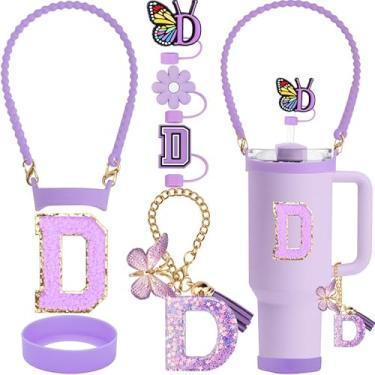 Imagem de ZYBIDEAL Conjunto de acessórios roxos de 8 peças para Stanley Cup, 3 peças de canudo de 10 mm, alça de silicone para garrafa de água, bota para Stanley 30 e 1,134 g, corrente com pingente de letra,