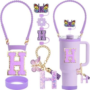 Imagem de ZYBIDEAL Conjunto de acessórios roxos de 8 peças para Stanley Cup, 3 peças de canudo de 10 mm, alça de silicone para garrafa de água, bota para Stanley 30 e 1,134 g, corrente com pingente de letra,