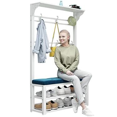 Imagem de Cabide de entrada para sapateira 3 em 1, banco de árvore, com prateleiras de 2 níveis e almofada de assento, organizador de banco de armazenamento de sapatos para quarto, corredor, sala de estar