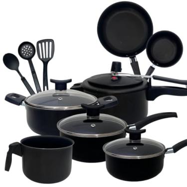Imagem de Conjunto De Panelas Completo Com Panela De Presão Kit Moderno em Teflon Acompanha 2 Frigideiras Cor Preto Black Kit Exclusivo Antiaderente 10 Peças Novidade em Cozinha
