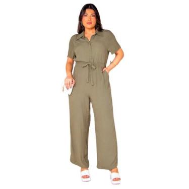 Imagem de Macacão Plus Size Longo Liso Feminino Elástico na Cintura Colarinho e 