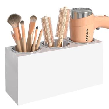 Imagem de PITBVO Organizador de ferramentas de cabelo, suporte de parede para secador de cabelo com 3 copos de aço inoxidável, organizador de ferramentas de penteadeira de acrílico para modelador de cachos e