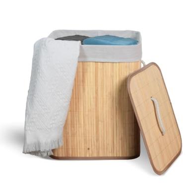 Imagem de Cesto De Roupa Suja com Alças Em Bambu Com Tampa Forrado Banheiro Lavanderia Quarto