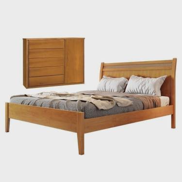 Imagem de Conjunto Quarto de Casal Cama Madeira Maciça Detalhe Rattan e Cômoda 5 Gavetas com Sapateira
