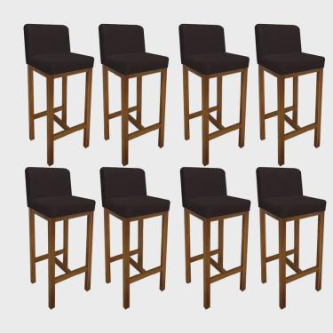 Imagem de Kit 08 Banqueta Alta Com Encosto Aila Cozinha Balcão Bistrô Base Madeira Castanho Tecido Sintético Marrom - Ahz Móveis