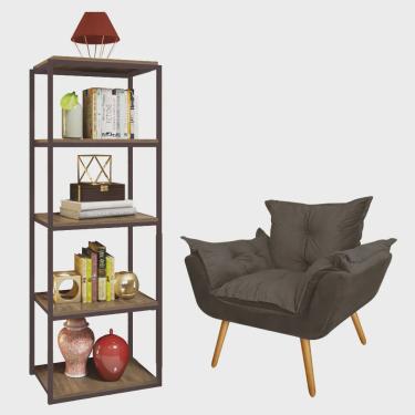 Imagem de Kit Poltrona Fatte com Estante Livreiro Ferro Marrom mdf Rústico Suede Cinza - Ahazzo Móveis