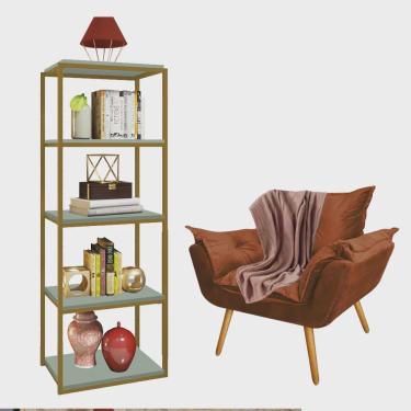 Imagem de Kit Poltrona Fatte com Manta Soft Salmão e Estante Livreiro Ferro Dourado mdf Verde Oliva Suede Terracota - Ahz Móveis