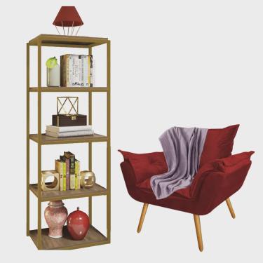Imagem de Kit Poltrona Fatte com Manta Soft Lilás e Estante Livreiro Ferro Dourado mdf Imbuia Suede Vermelho - Ahz Móveis