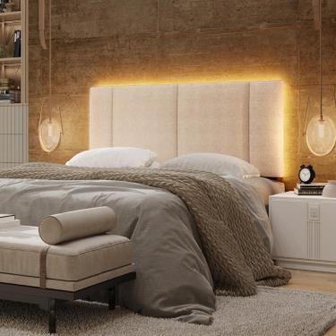 Imagem de Cabeceira Casal Estofada Com Led Boucle Bege