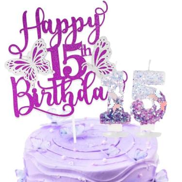 Imagem de Conjunto de velas de aniversário de borboleta para meninas, lantejoulas roxas, 15 velas e glíter, topo de bolo de feliz aniversário de 15 anos para meninas, mulheres, comemorações, artigos de festa