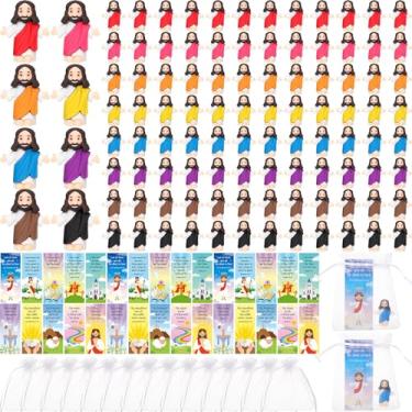 Imagem de Barydat 100 conjuntos de mini estatuetas de Jesus a granel pequenos brinquedos de Jesus da Páscoa em miniatura com 100 cartões de oração 100 sacos de organza lembrancinhas de festa religiosa presente
