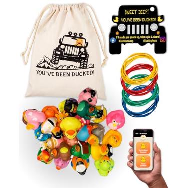 Imagem de Kit Jeep Ducks para patinhos - kit de 76 peças, incluindo patos de borracha, bolsa de pato para jipe de pato, cartões de pato e pulseiras de borracha, além de aplicativo móvel oficial Duck Duck Jeep