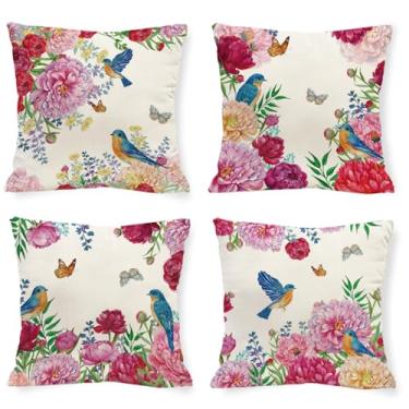 Imagem de Tikeciti Capas de almofada de beija-flor primavera verão francês vintage 45,7 x 45,7 cm, capa de almofada decorativa floral peônia rosa para sofá conjunto de 4