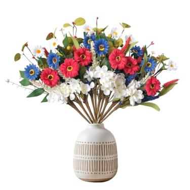 Imagem de CIR OASES 10 peças, decorações de 4 de julho, palitos patrióticos artificiais de haste de primavera, decoração para o dia da independência, flores brancas, azuis e vermelhas, flores falsas, memorial