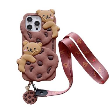 Imagem de Capa de urso 3D para iPhone 16 Pro Max de 6,9 polegadas, desenho fofo kawaii, adorável personagem, biscoito, urso com pingente/forma de cordão, crianças, adolescentes, meninas, mulheres, capa de
