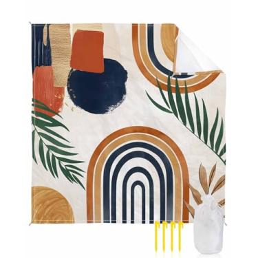 Imagem de Gsypo Cobertor de praia abstrato, impermeável, à prova de areia, 211 x 200 cm, arte de folha de palmeira boêmia, tapete de praia grande, com 4 bolsos de areia nos cantos e 4 estacas, tapete compacto