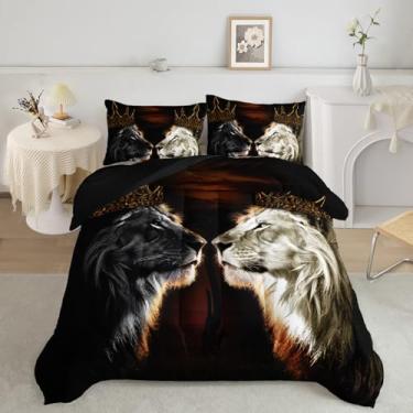 Imagem de AILONEN Jogo de cama casal King Lion – edredom Queen preto e branco com coroa dourada, roupa de cama retrô macia com 2 fronhas, 3 peças