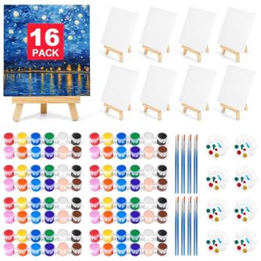 Imagem de Pacote com 16 quadros de tela de 8 x 25 cm para pintura, tela de arte para desenho com 32 pincéis, 16 bandejas de tinta e 32 tintas acrílicas, mini tela de pintura com conjunto de cavalete, kits de