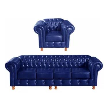 Imagem de Conjunto Sofá 4 Lugares E Poltrona Chesterfield Luís Xv Vintage Retrô Capitonê Couro Azul