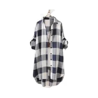 Imagem de Camisa Xadrez Feminina de Algodão - Estilo Coreano Elegante, BR-P, Azu