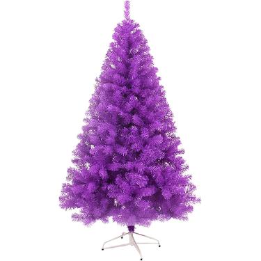 Imagem de Árvore de Natal artificial roxa de 6 pés com dicas de brâmane espessoso, árvore de Natal grande interna com suporte de metal, decoração colorida do festival de pinheiros de Natal